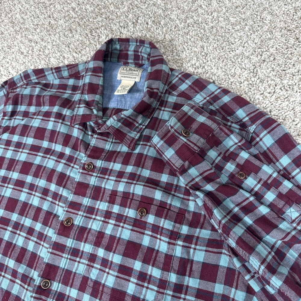 LL Bean Shirt Mens Large Blue Red‎ Plaid All Season Flannel Traditional Fit